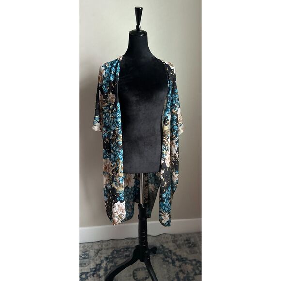 JESSICA MCCLINTOCK Blue Black Moody Floral Gold Accent Mid Line Kimono One Size - Picture 1 of 8